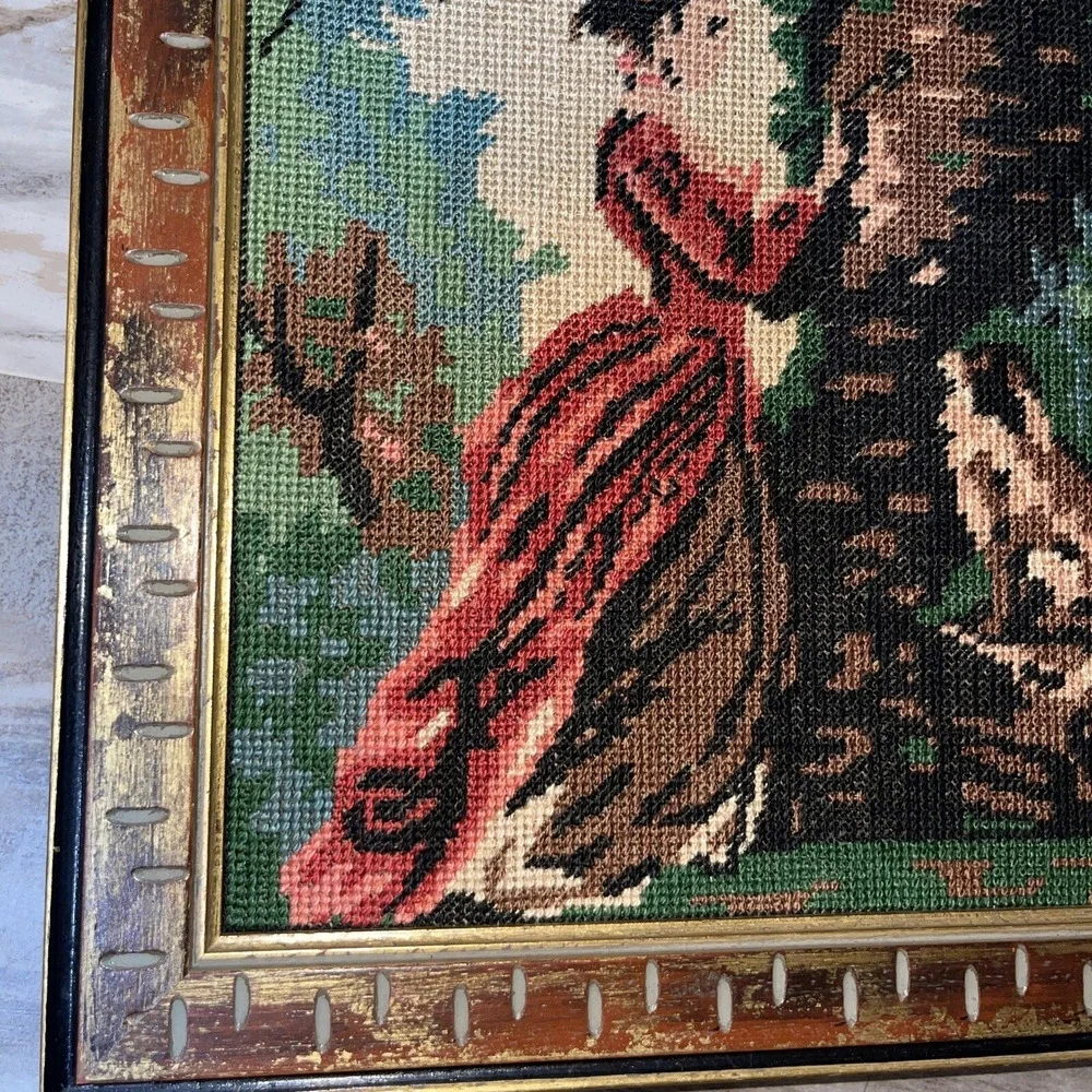 VTG MCM Petit Point Needlecraft gold distressed wood framed picture Girl Tree